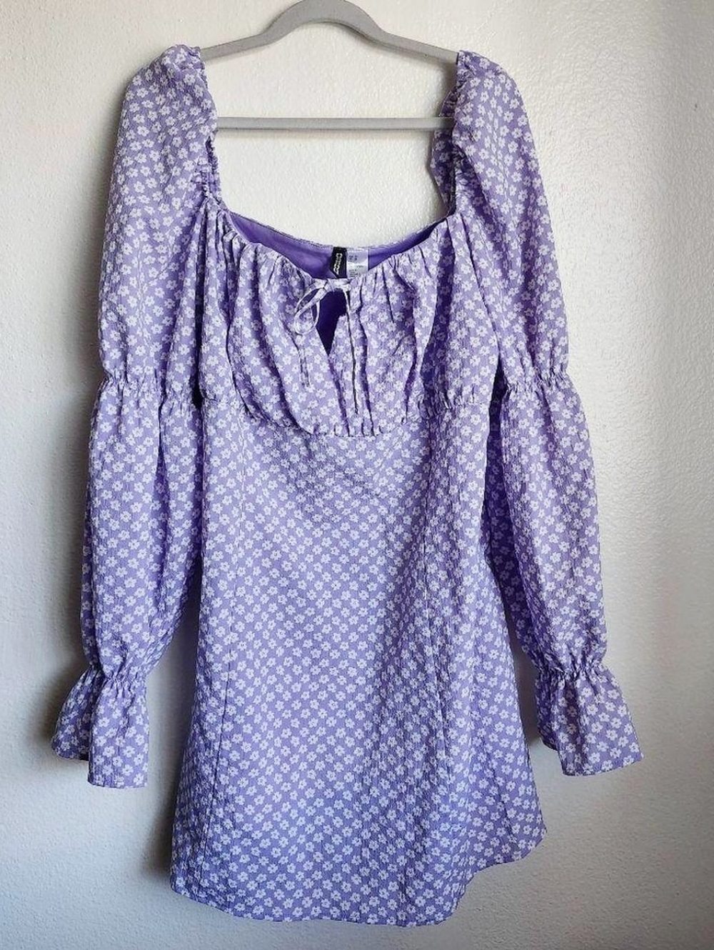 H&M Purple Floral Cottagecore Mini Dress XL Puff Sleeve Coquette Fairycore